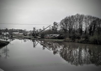 Riverside Crane Reflection Black and White